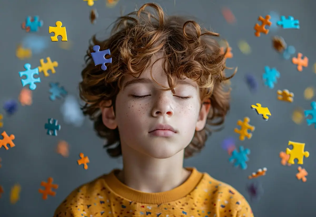 Sala de terapia infantil com tapete, blocos coloridos e materiais sensoriais organizados em prateleiras baixas